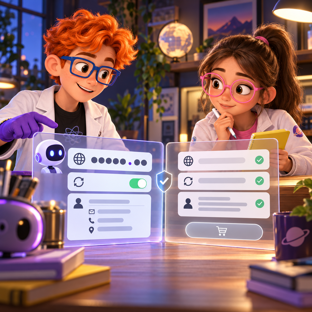 Dex and Luna review a domain purchase handoff with Nova before a person confirms it