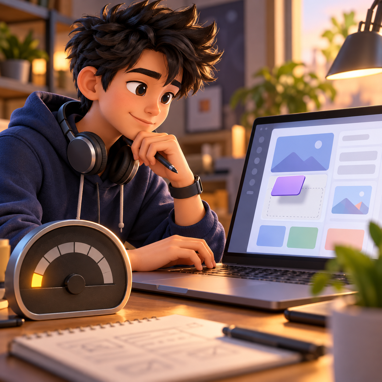 Byte reviews an unfinished app as the credit meter on his desk nears empty.