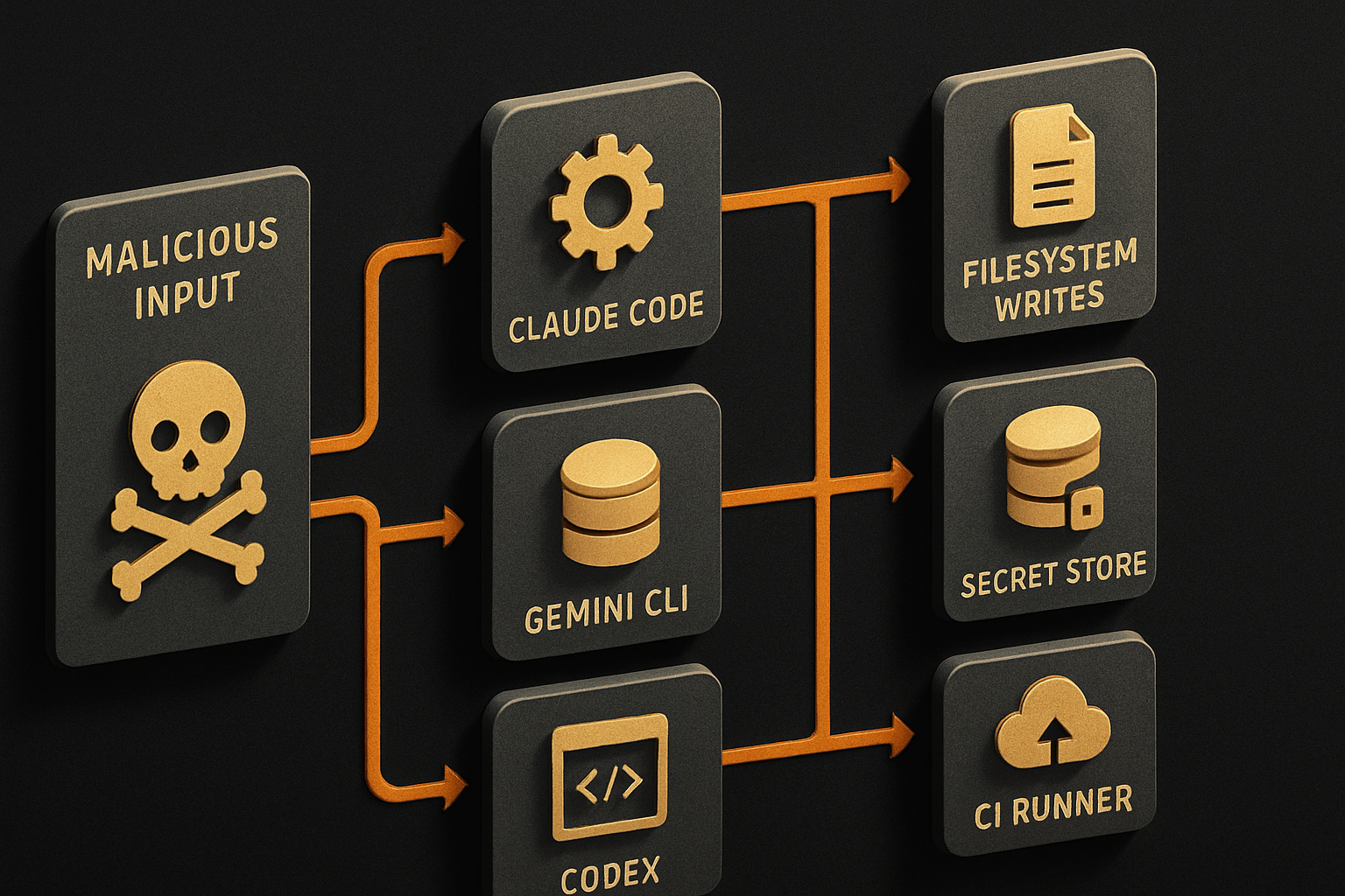 a single malicious input (a GitHub issue body) entering three parallel agent harnesses (Cl