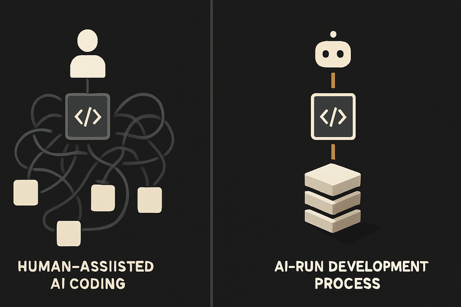“human-assisted AI coding” vs “AI-run development process” — showing how the org chart ben