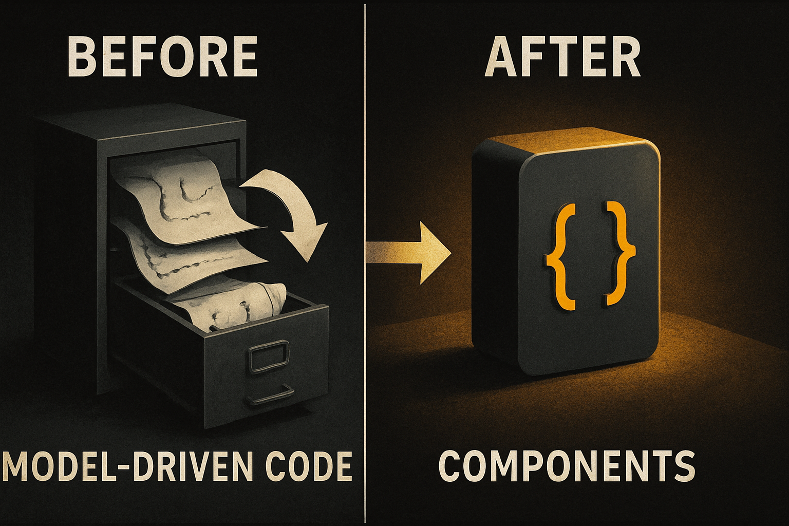 model-driven code that rewrites itself on every swap vs components that survive every mode