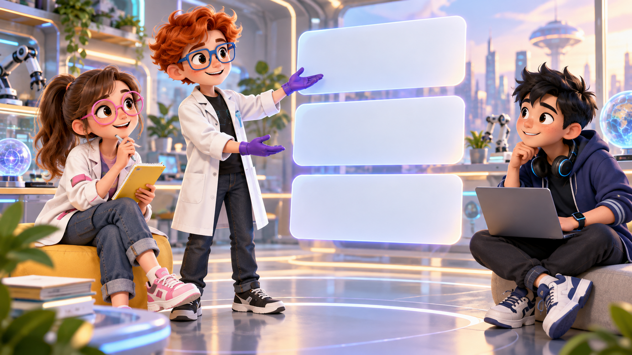 Luna in a white research jacket with bare hands and Byte with bare hands review three blank floating panels while Dex in purple gloves points at a checklist scene in a bright workshop