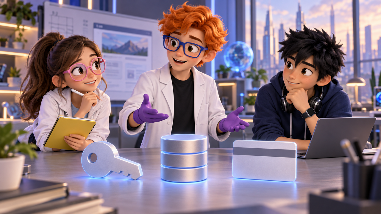 Dex in purple gloves with Luna bare hands and Byte bare hands stand by blank tool icons for auth database and payments deciding when to escalate from a marketing page to a wired app