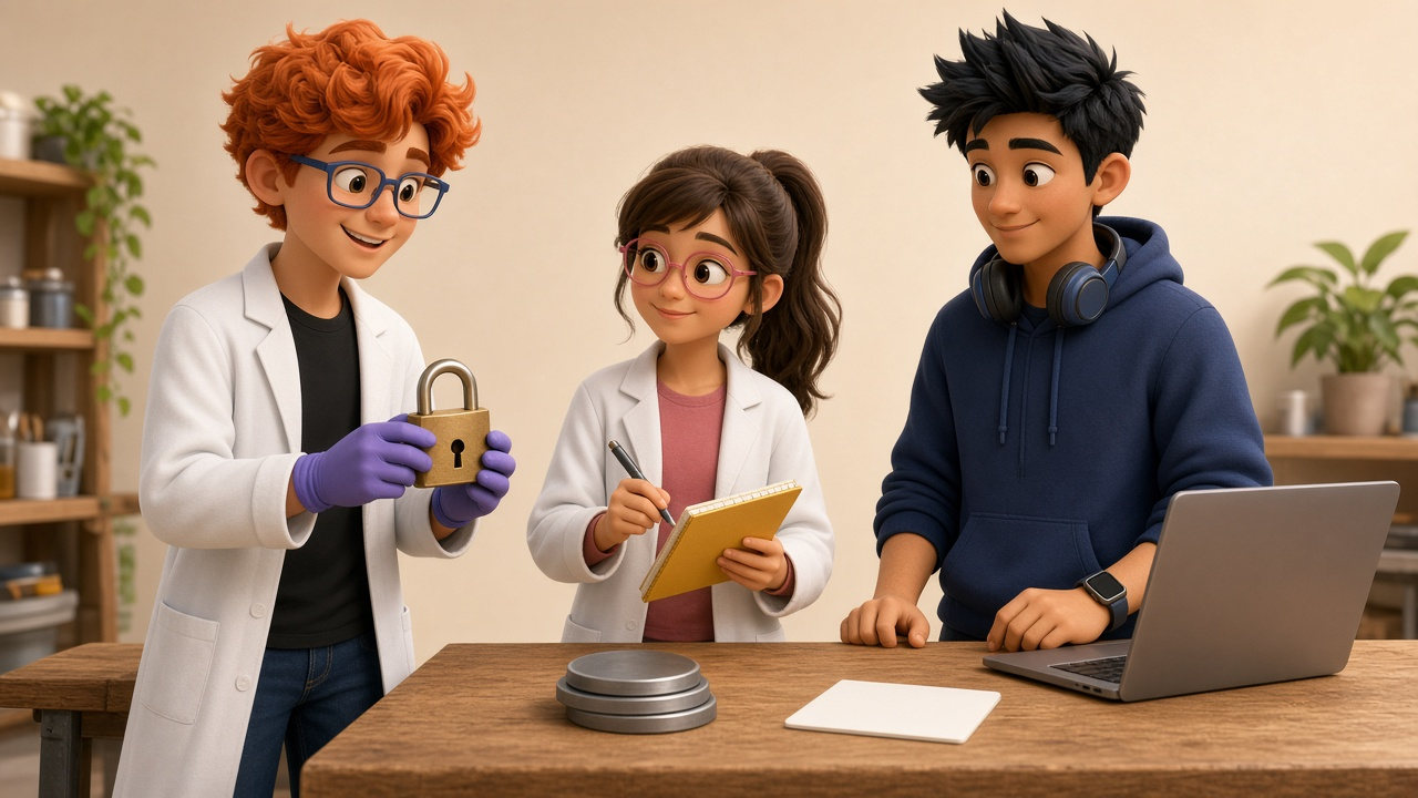 Dex in purple gloves holds a brass padlock while Luna with bare hands writes in her yellow notebook and Byte with bare hands works at a laptop beside a stack of metal discs and a blank card