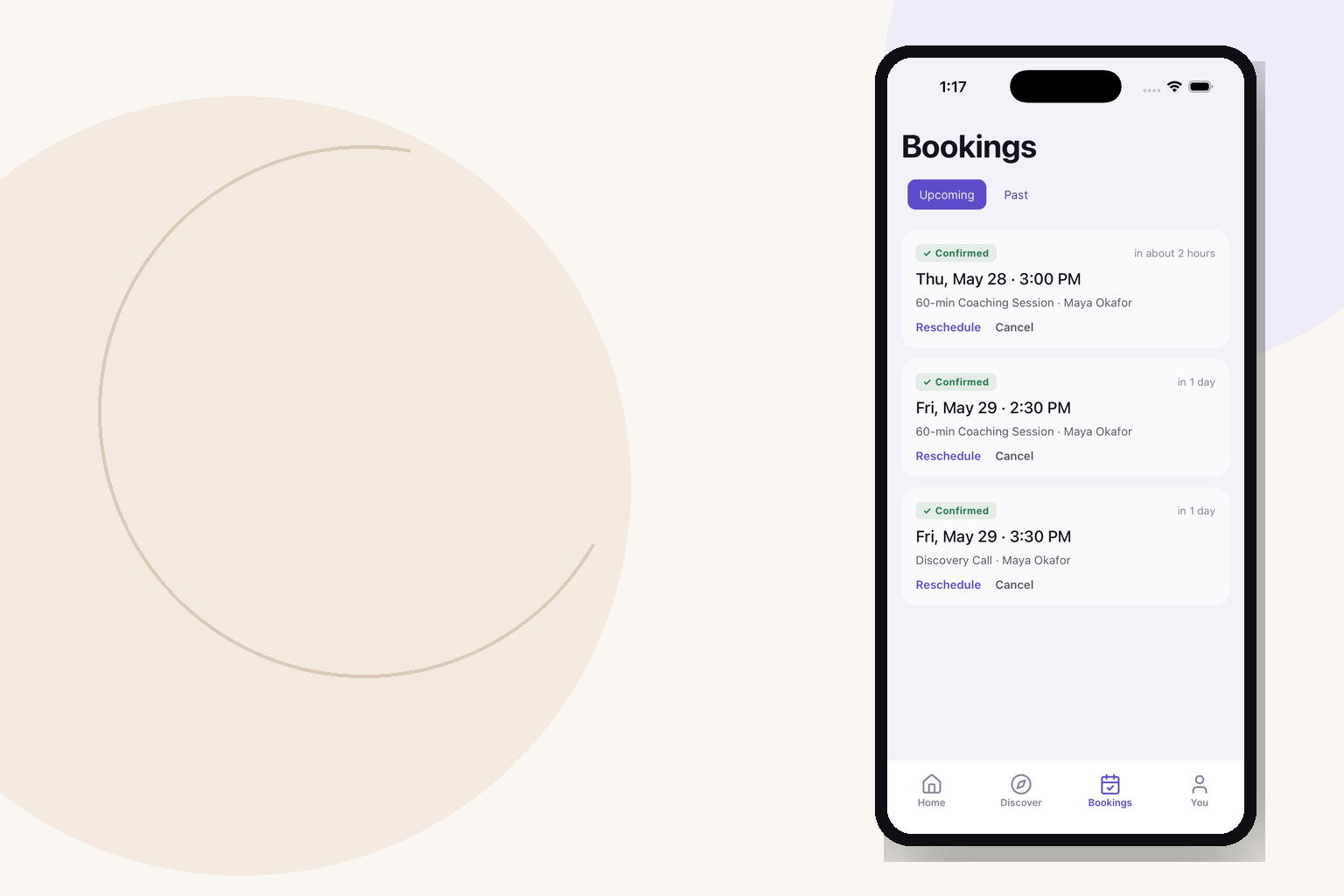 Cadence Booking preview bookings list shows sample confirmed sessions with reschedule and cancel controls; illustrative UI only, not a timezone-bug reproduction or fix.
