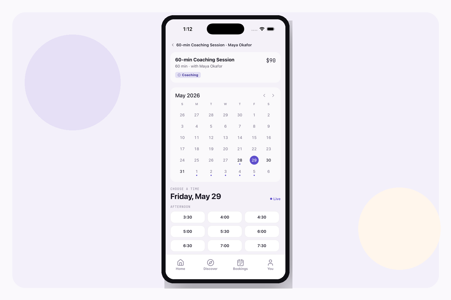 Cadence Booking preview shows sample afternoon appointment slots for May 29; illustrative UI only, not a timezone-bug reproduction or fix.