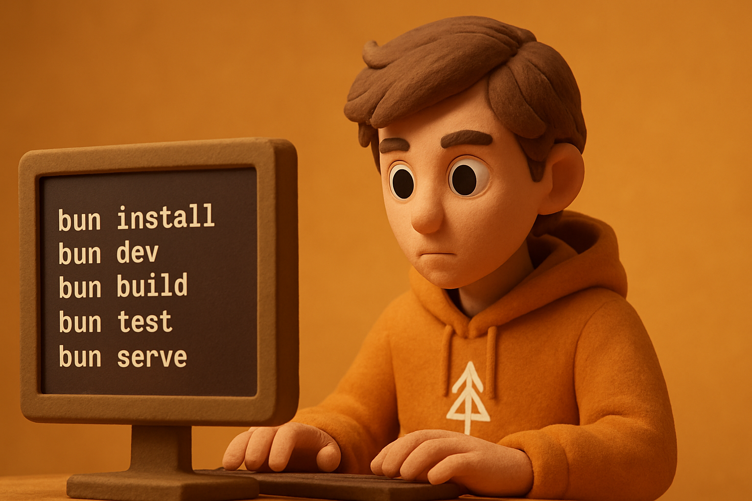 Single-terminal shell showing Bun through install, dev, build, test, serve – zero friction