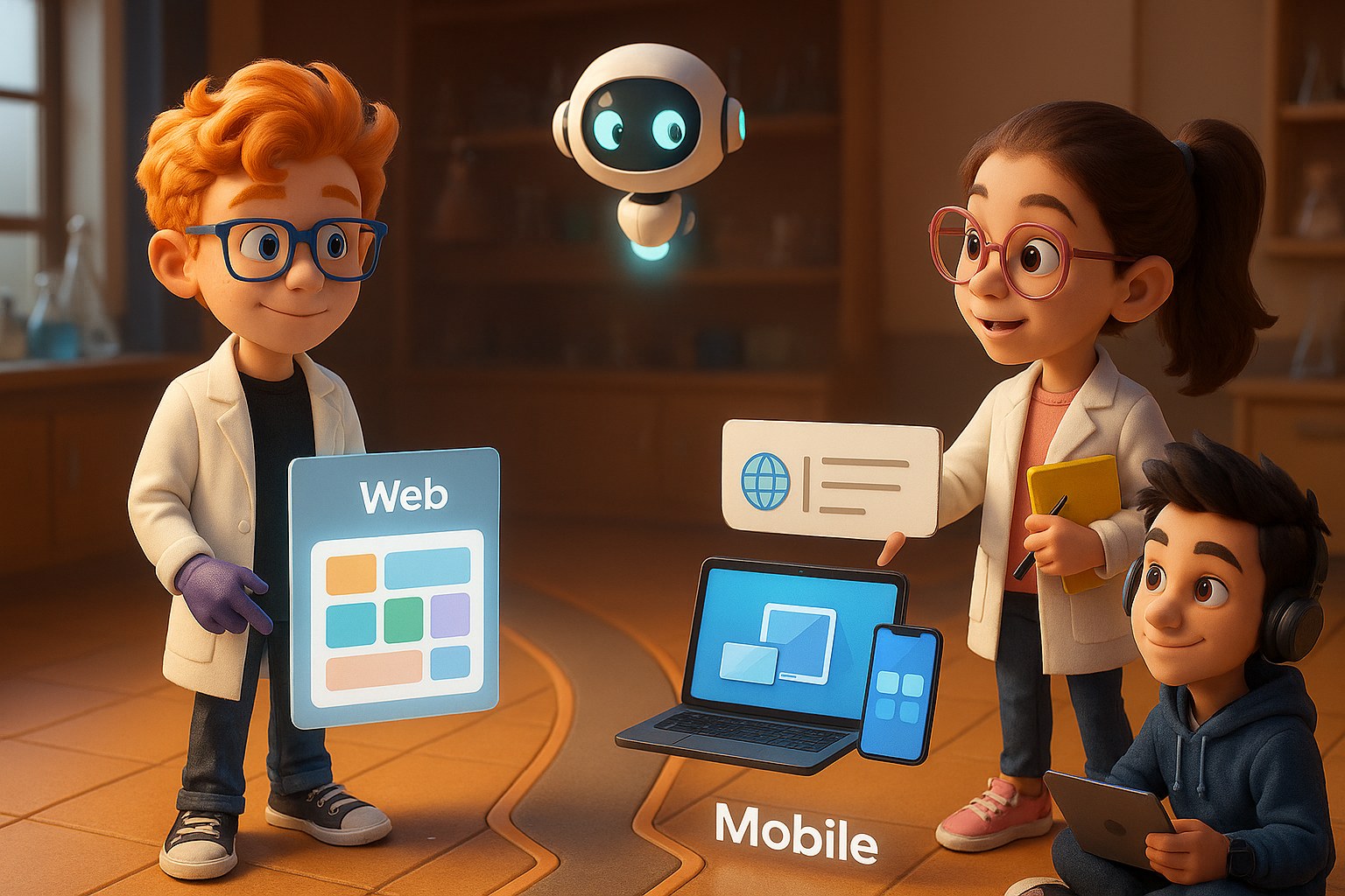 Dex and Luna compare a Web tile of style-prop blocks with a Mobile stack of laptop, tablet, and phone