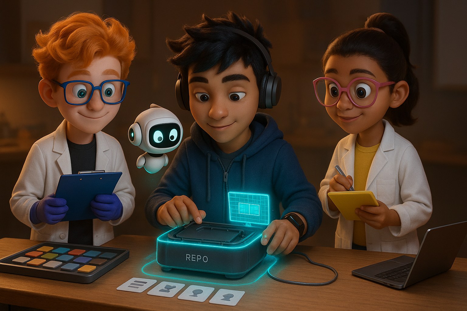 Byte assembles an owned REPO chassis while Dex and Luna check tokens and agent-doc cards