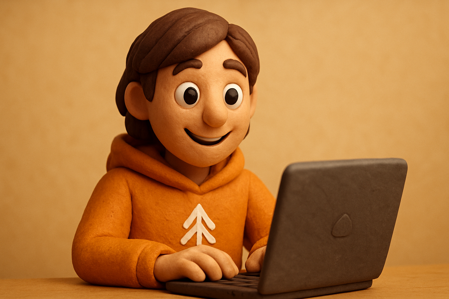 clay character at a laptop, Codex running a long session in the terminal, no cap in sight,