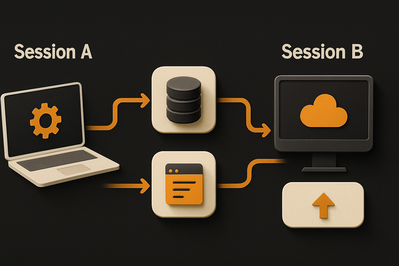 session A on laptop sends a summary to session B on workstation, which replies with a fini