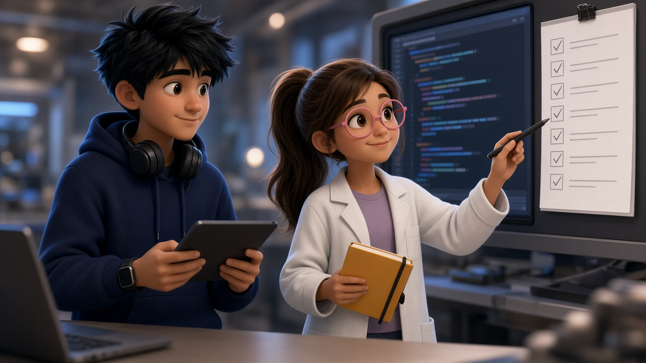 Two people review a checklist and plugin source on a monitor at a workstation.