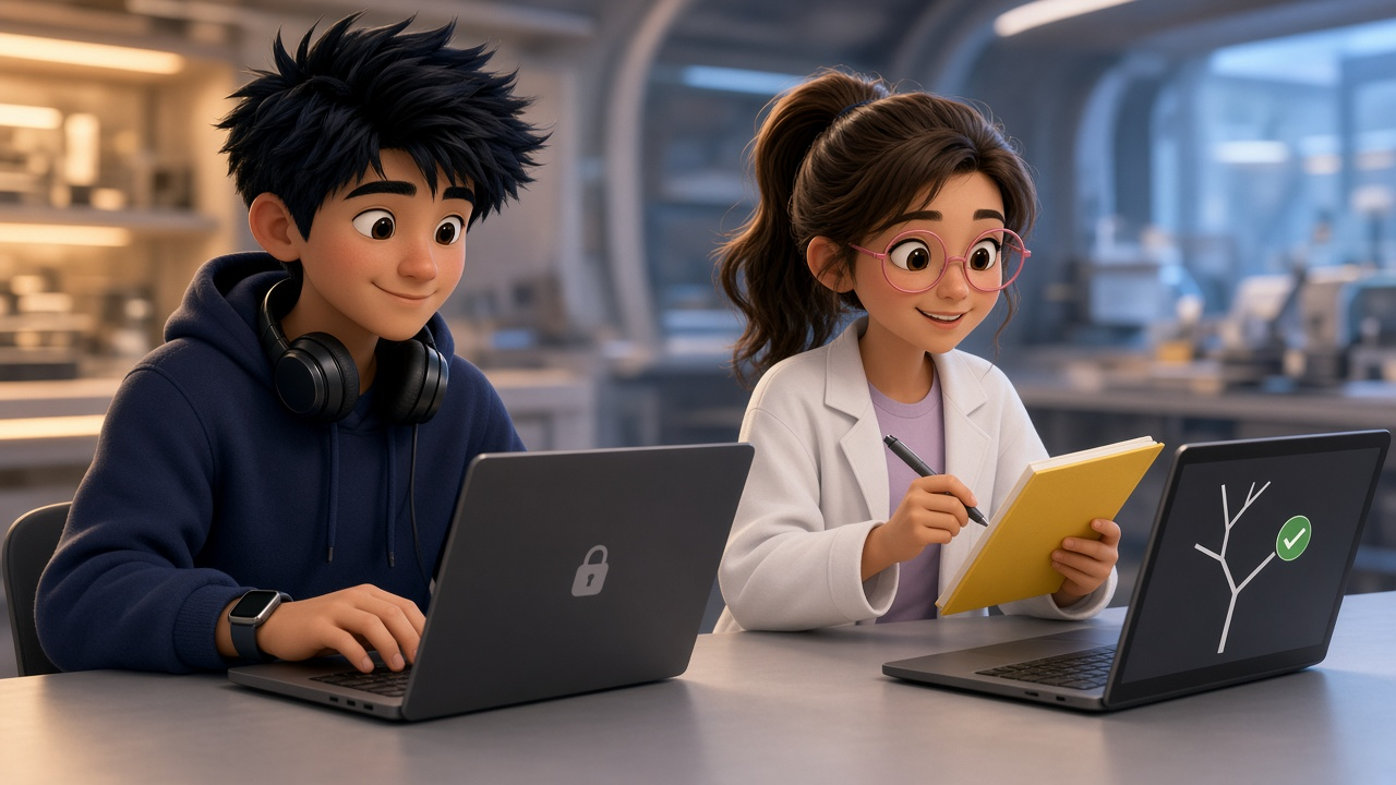 Two people at a desk with one laptop set aside and locked and another showing a separate branch with a green check.
