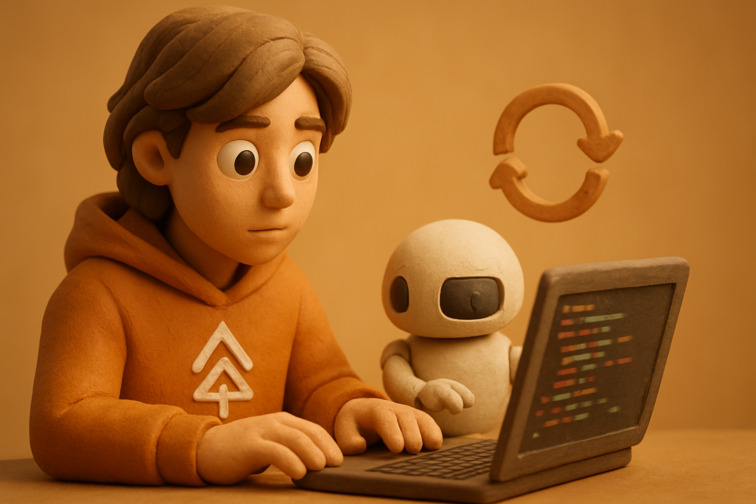 AI robot working on code, feedback loop visible