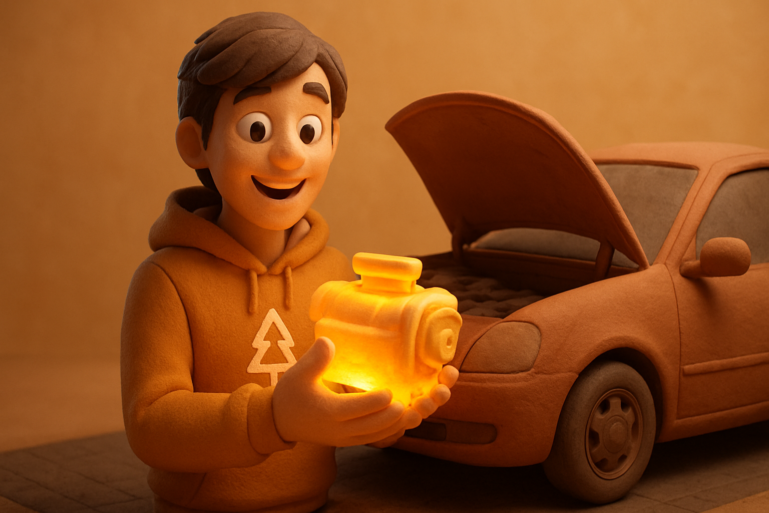 a calm clay developer dropping a glowing new engine into a car already sitting on a finish