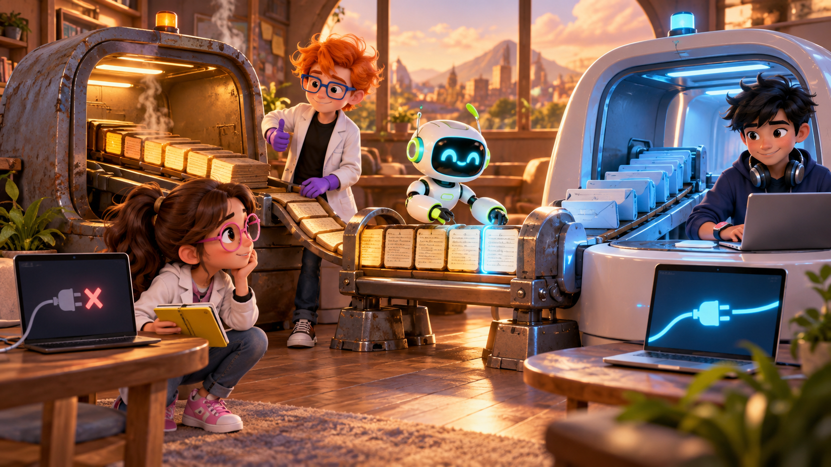 Dex, Luna, and Byte watch work shift from an older draining process to a newer runtime while Nova hovers between them.