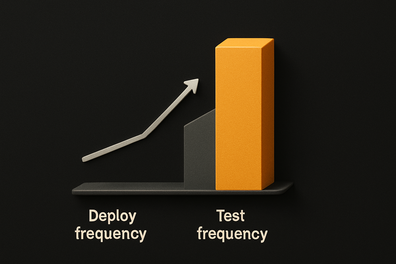 deploy frequency vs test frequency gap — deploy line runs daily, test line runs annually,