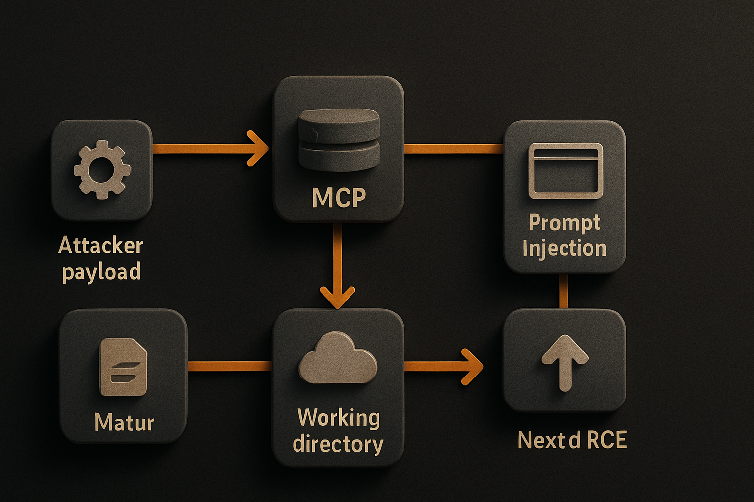DuneSlide exploit chain — attacker payload → MCP server / prompt injection → Cursor agent