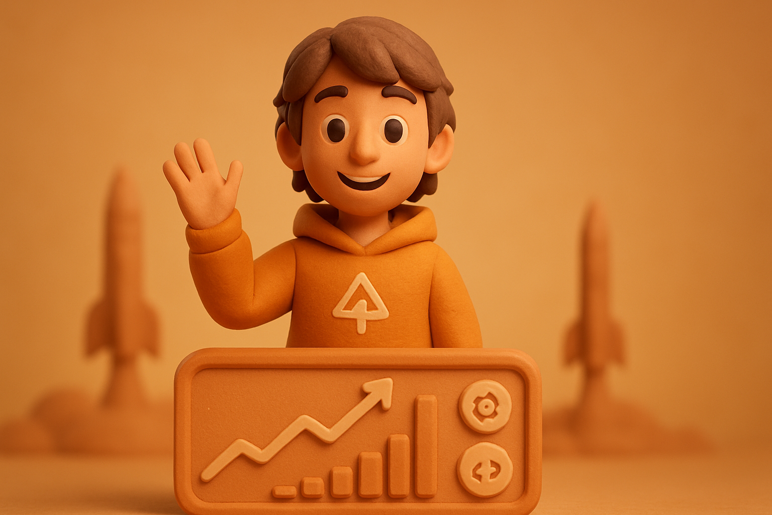 the OTF clay character stands atop a simplified Cursor dashboard, with enterprise traffic