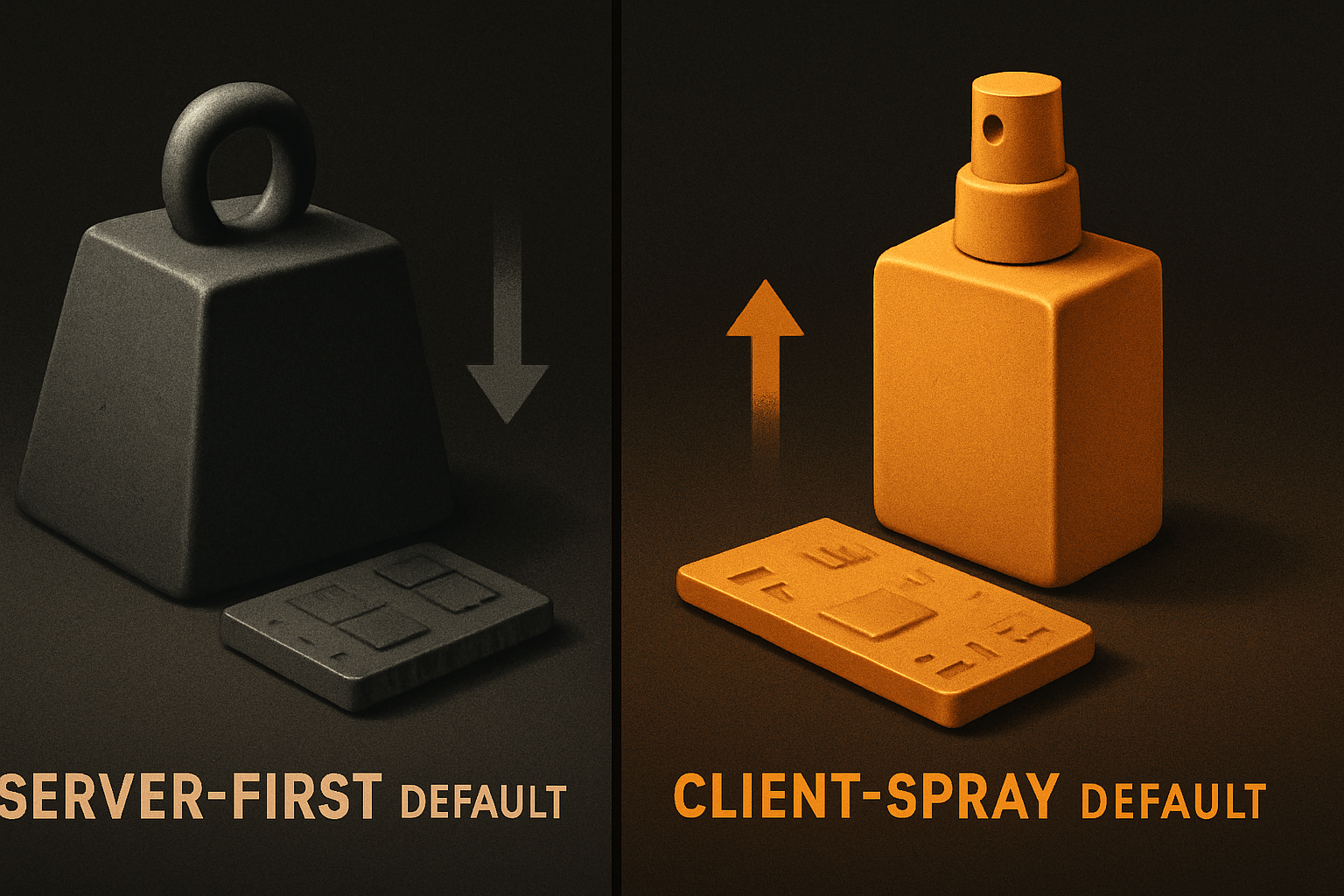 server-first default vs client-spray default — bundle size shipped to the browser, hydrati