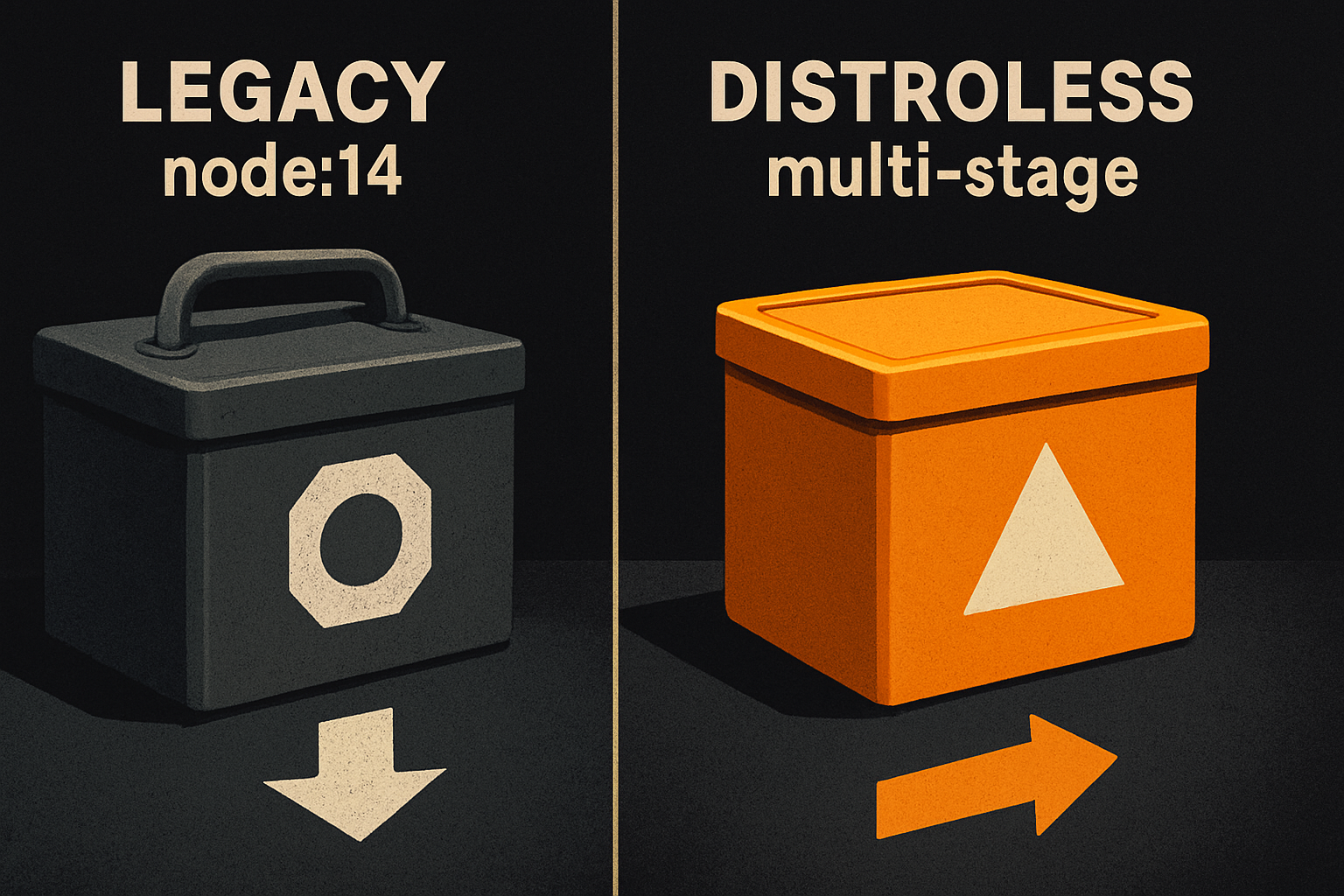 legacy node:14 single-stage vs distroless multi-stage