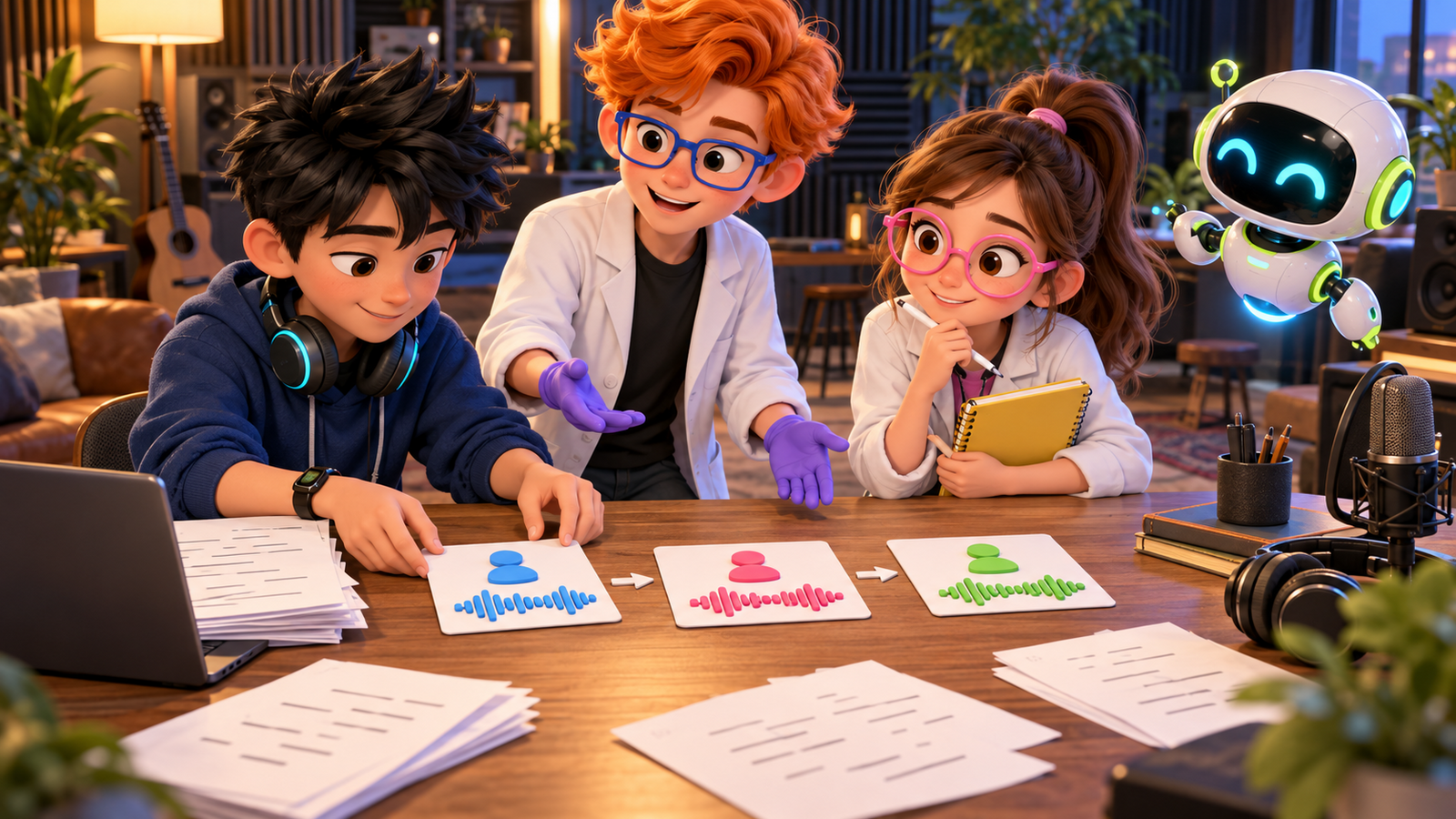 Byte arranges three colored speaker-turn cards with matching waveform strips as Dex explains, Luna holds a notebook, and Nova hovers nearby.