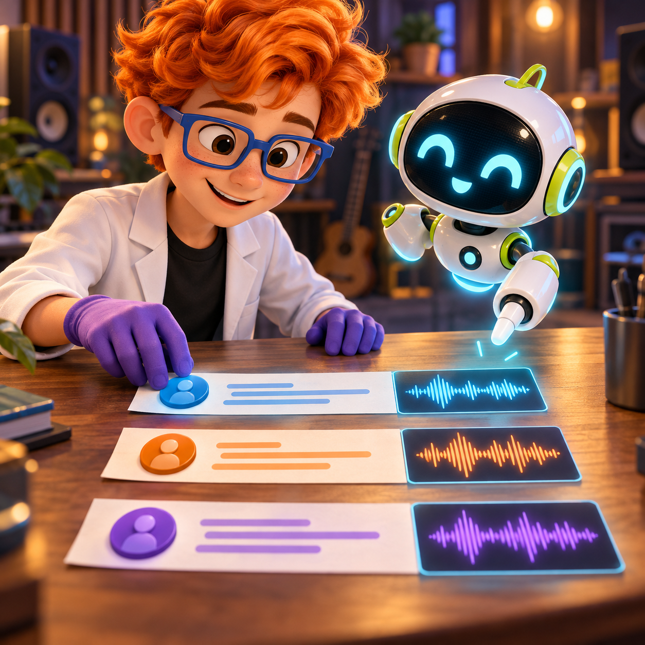 Dex and Nova pair three distinct colored speaker tokens with separate waveform strips on ordered script cards.