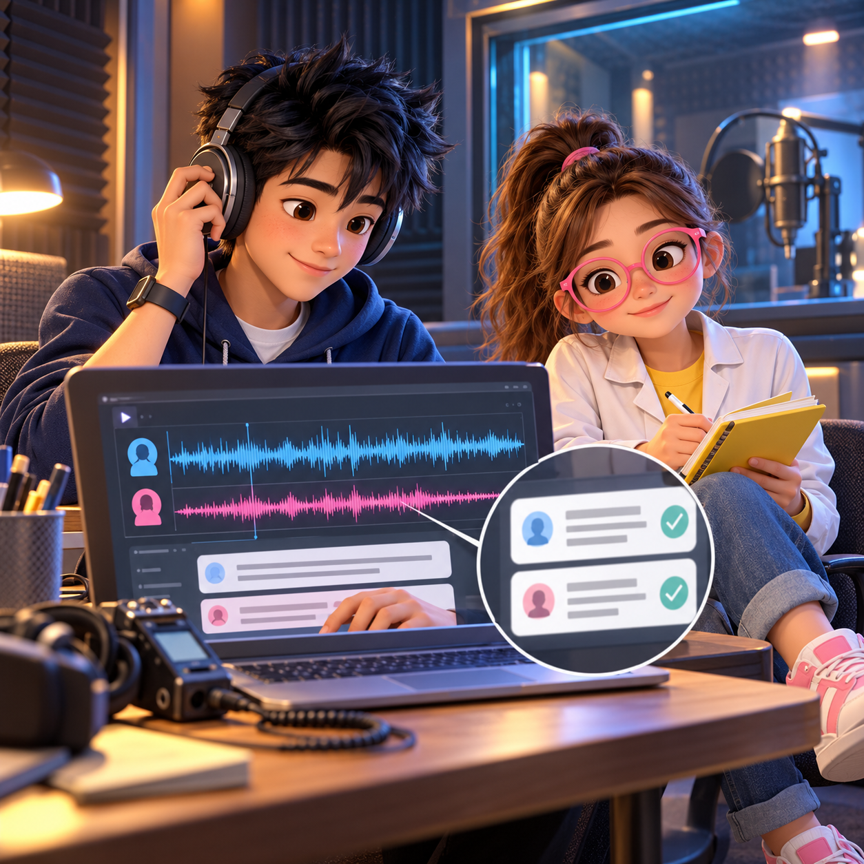 Byte and Luna review a sample recording with speaker-colored transcript tracks and word timestamps