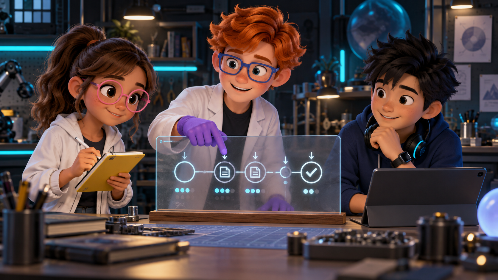 Luna, wearing a white research jacket and using bare hands, sketches an abstract multi-turn repository timeline; Dex, wearing purple gloves, points to progress markers, and Byte checks a list with bare hands.