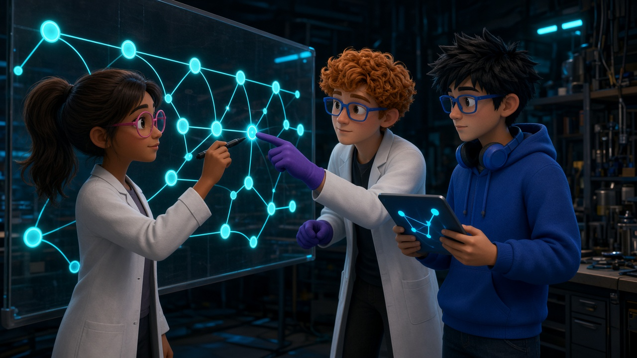 Luna, in a white research jacket, draws an abstract multi-step repository timeline on a glass board; Dex, wearing purple gloves, points at a progress node, and Byte, in a royal-blue hoodie, checks the steps on a tablet.