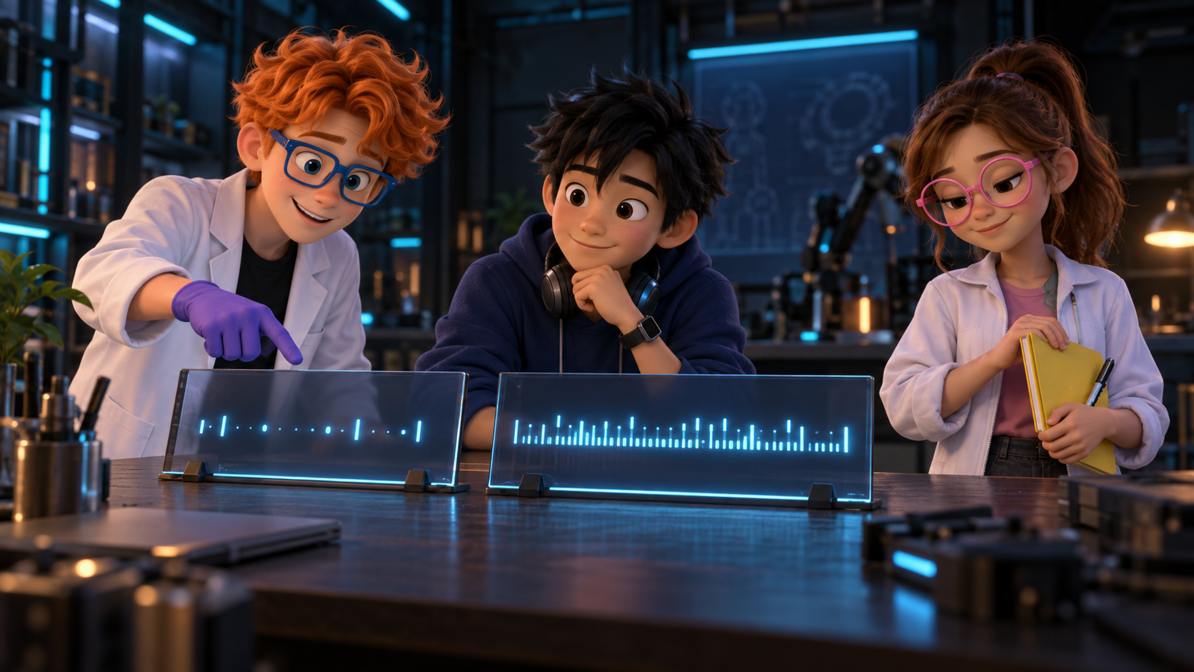 Dex, wearing purple gloves, and Byte, with bare hands, compare short and long abstract agent traces while Luna, in a white research jacket with bare hands, closes her notebook in a dark workshop.