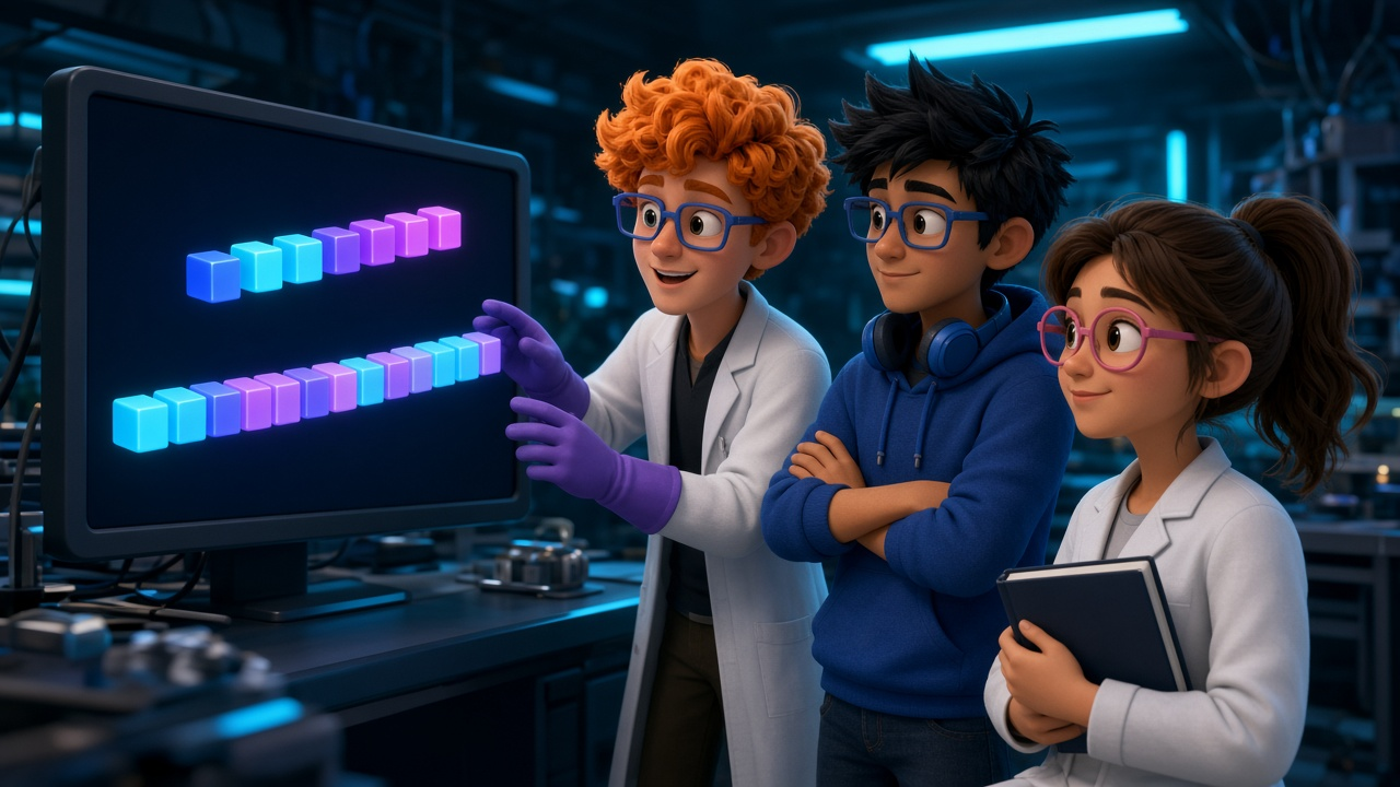 Dex, wearing purple gloves, and Byte, in blue glasses and a royal-blue hoodie, compare a short abstract agent trace with a much longer one on a monitor while Luna, in a white research jacket, holds her closed notebook.