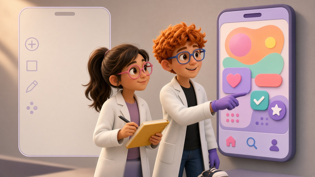 Two people reviewing a mobile fitness app kit on a large monitor