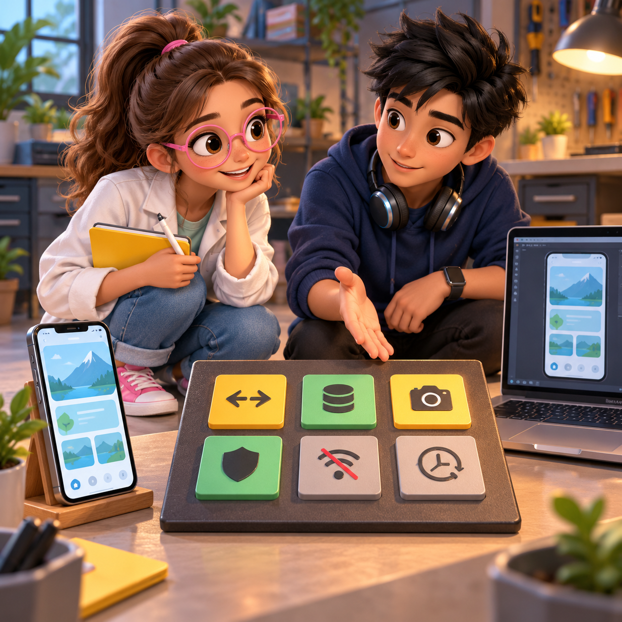 Luna and Byte prioritize navigation, saved data, camera, permissions, offline, and background checks on an icon-only matrix.