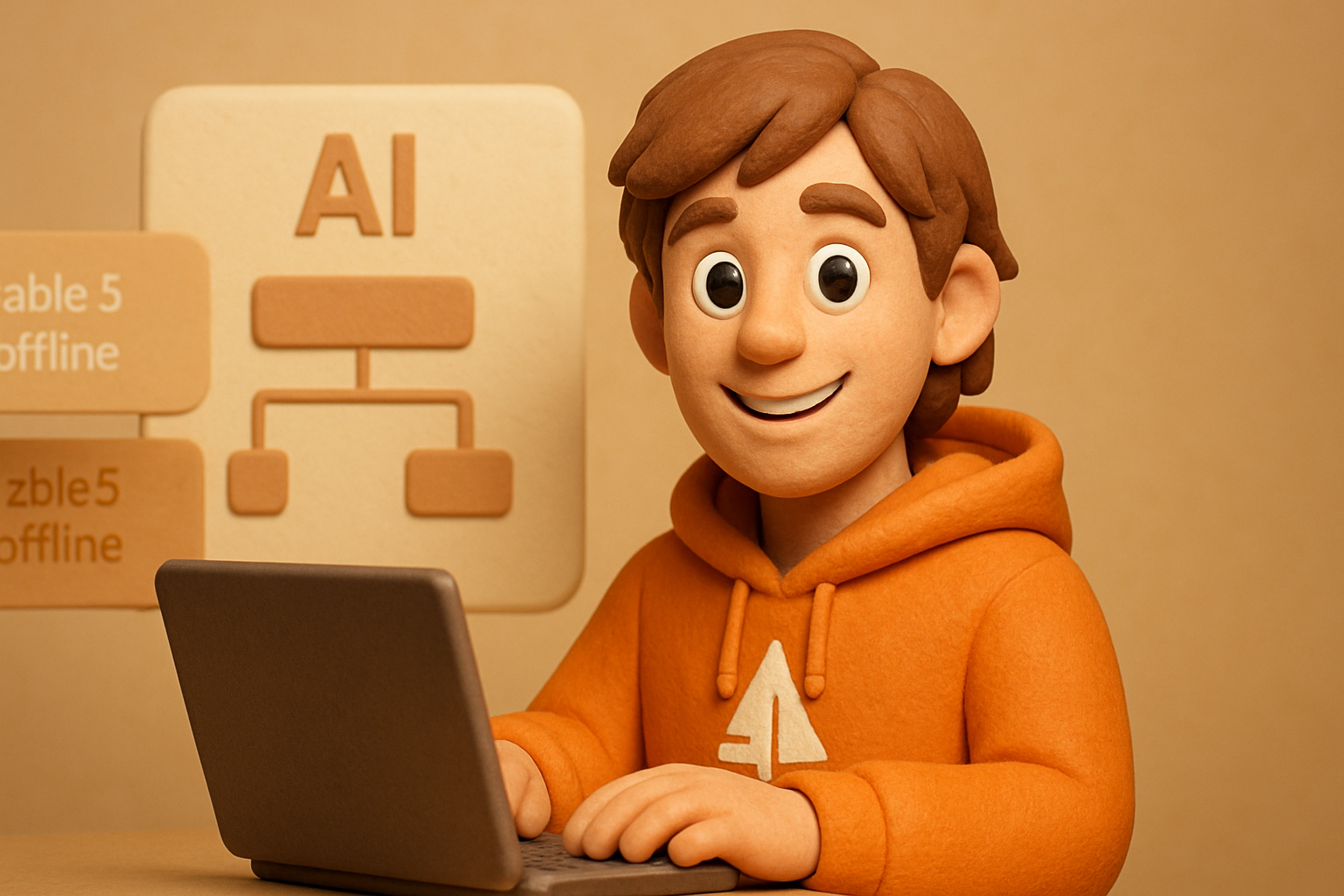 a clay-character scene — the OTF character confidently operating a durable, provider-agnos