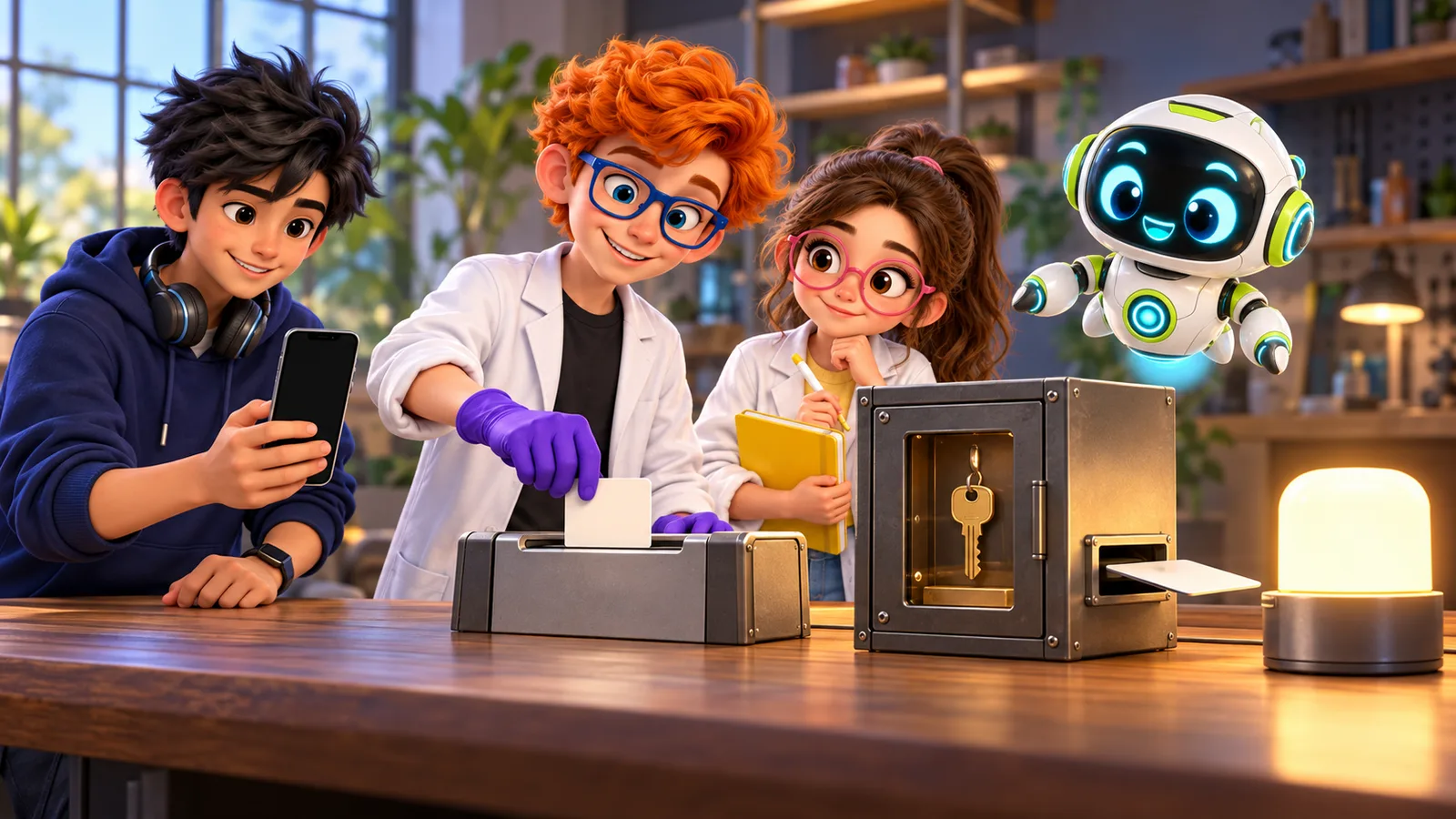 Byte holds a blank phone while Dex feeds a card into an app-check station, Luna watches, and Nova floats nearby; a cabinet with a brass key sits beside a lit endpoint.