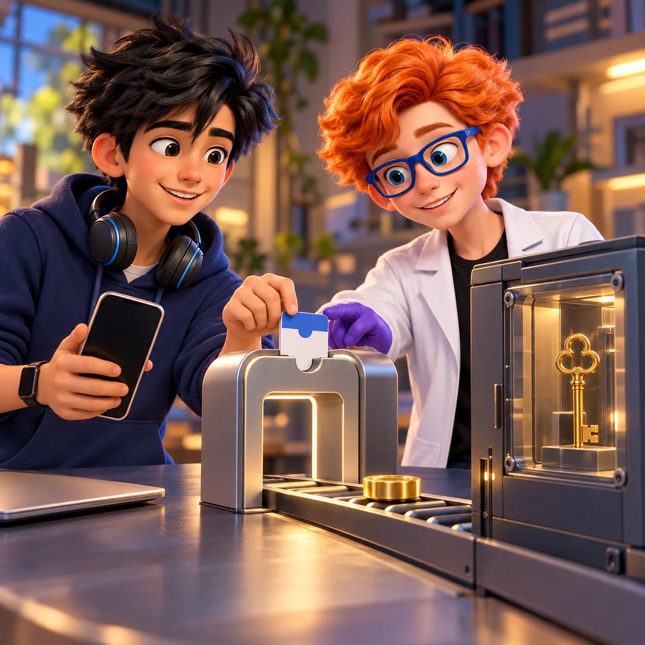 Byte and Dex inspect a blank phone request and matching app card passing through an inspection gate; a separate brass provider key stays behind glass in the relay cabinet.