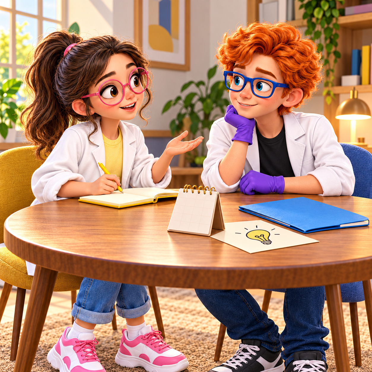 Dex and Luna compare blank conversation notes while practicing a question about a recent work moment.