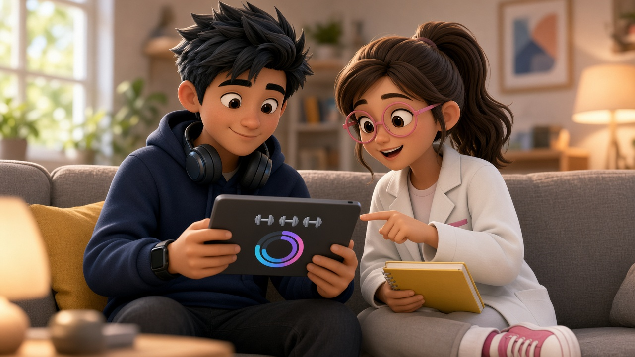 Two people reviewing a fitness app on a phone