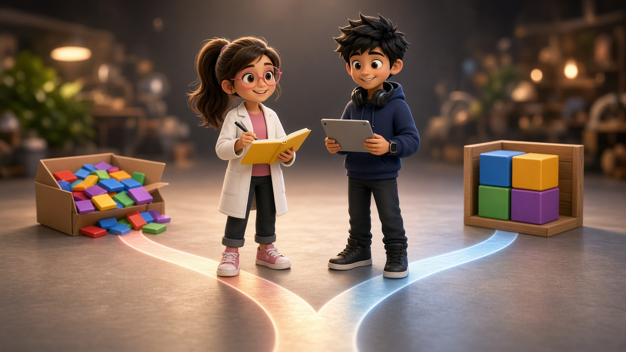 Luna and Byte stand where a path splits between a box of loose tiles and a crate of four stacked blocks