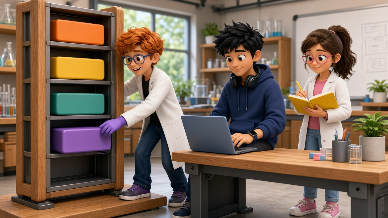 Dex slides the last of four colored blocks into a tall frame while Byte works on a laptop and Luna writes in her yellow notebook