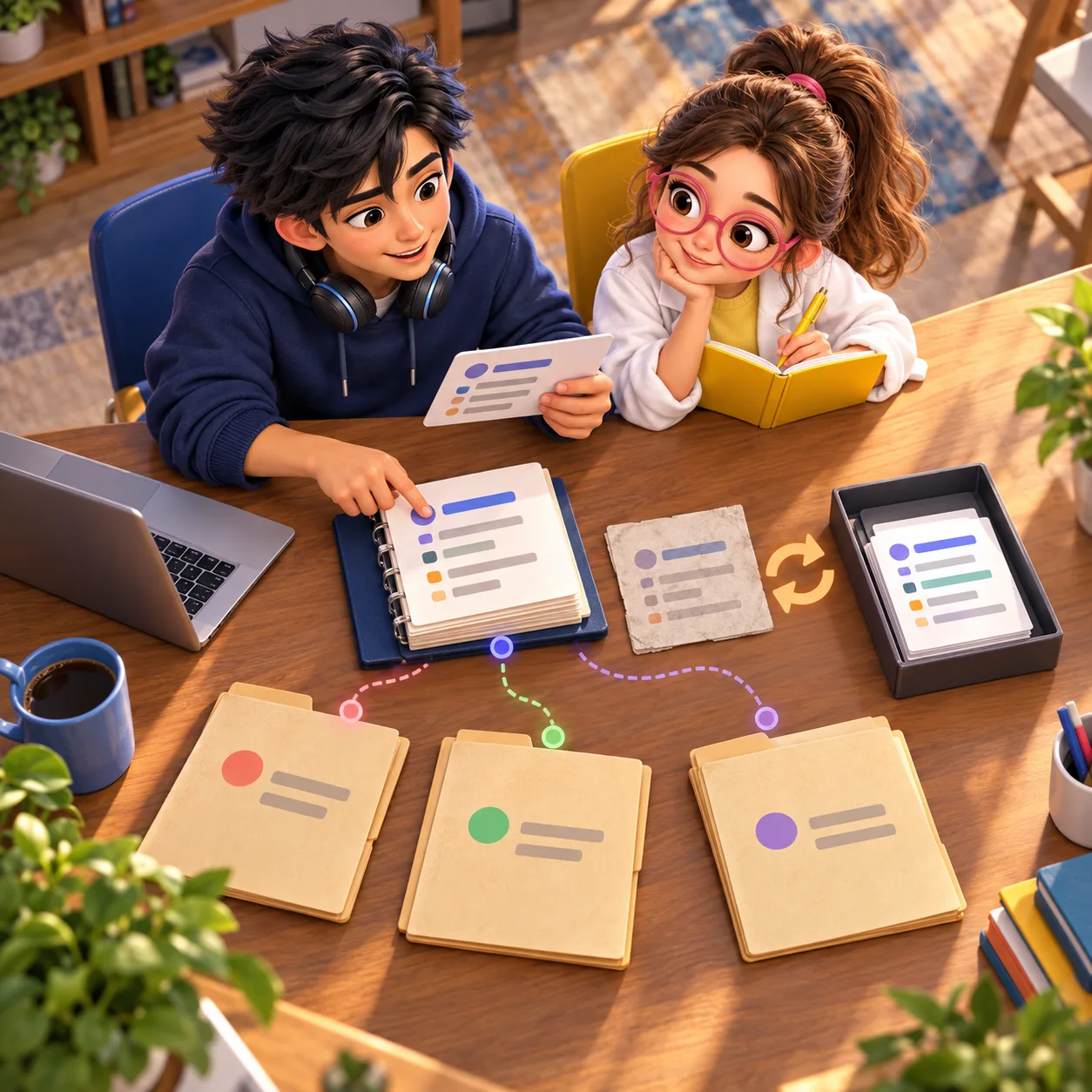 Byte and Luna review an incoming dependency update beside one workflow represented in a generated lock record, while three other workflow folders remain outside it.