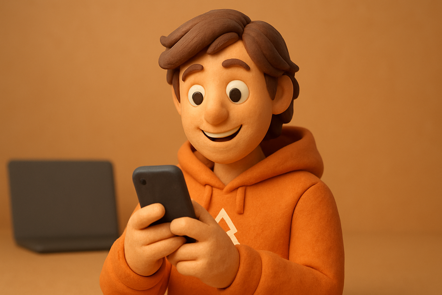 a clay character calmly reviewing a draft PR on a phone while a laptop sits closed on the