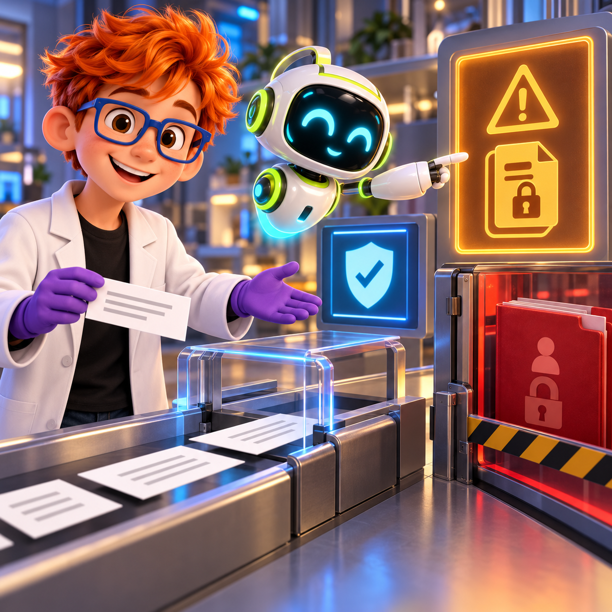 A team checks sample documents at a review gate that blocks private data before a model evaluation