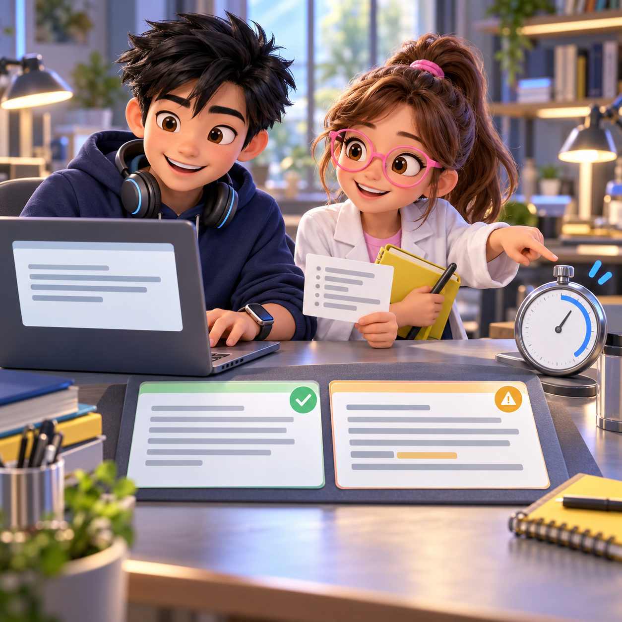 Byte and Luna compare two text-only evaluation results using a scorecard and stopwatch before a gated rollout