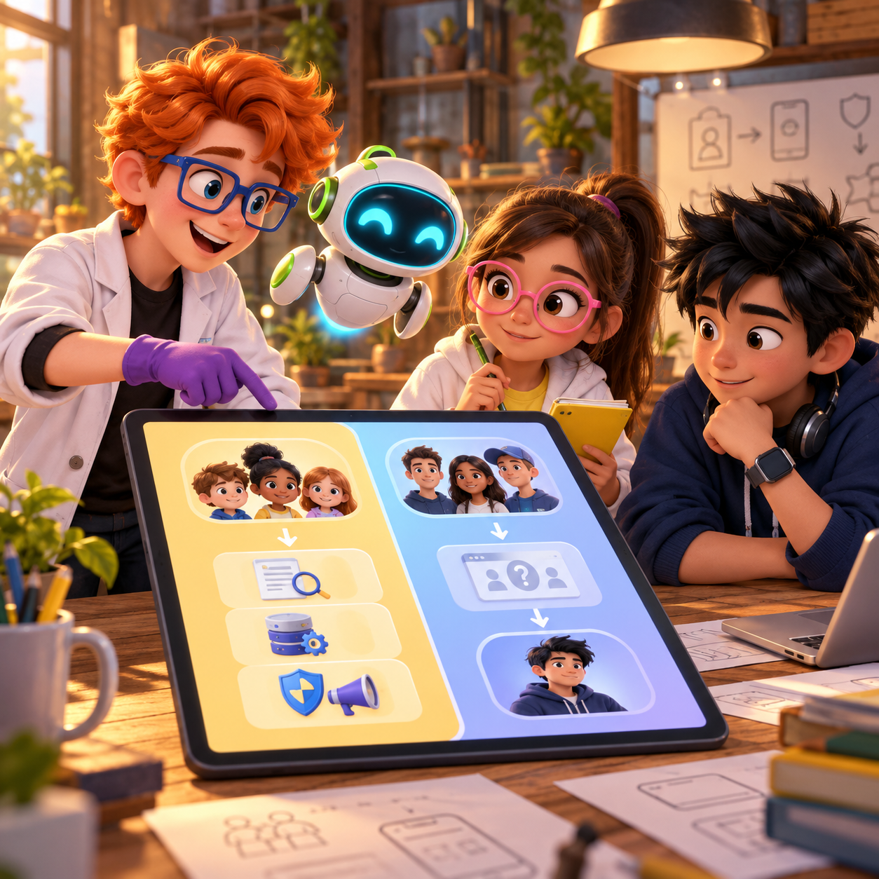 Dex, Luna, Byte, and Nova review a child-appropriate app experience alongside its target-audience decision.