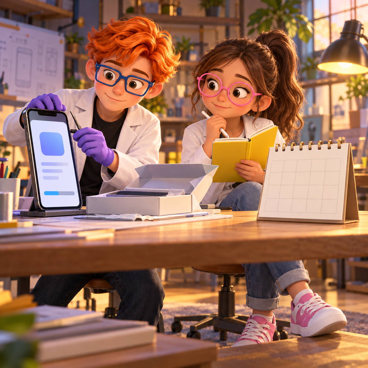 Dex and Luna review a release build beside a calendar while weighing an update against a temporary extension.