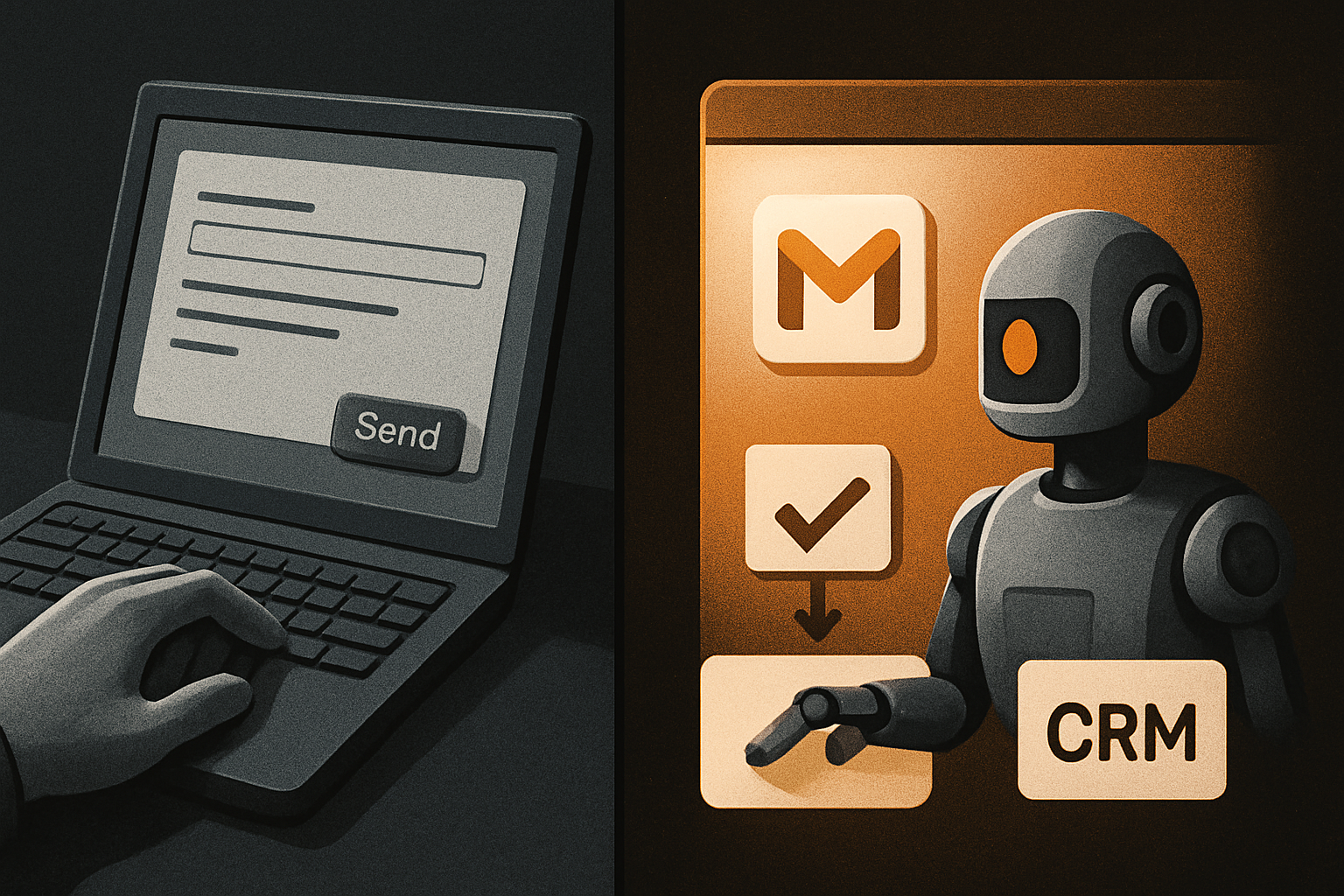 best answer vs finished work — left: an assistant drafts an email, the user copies it into