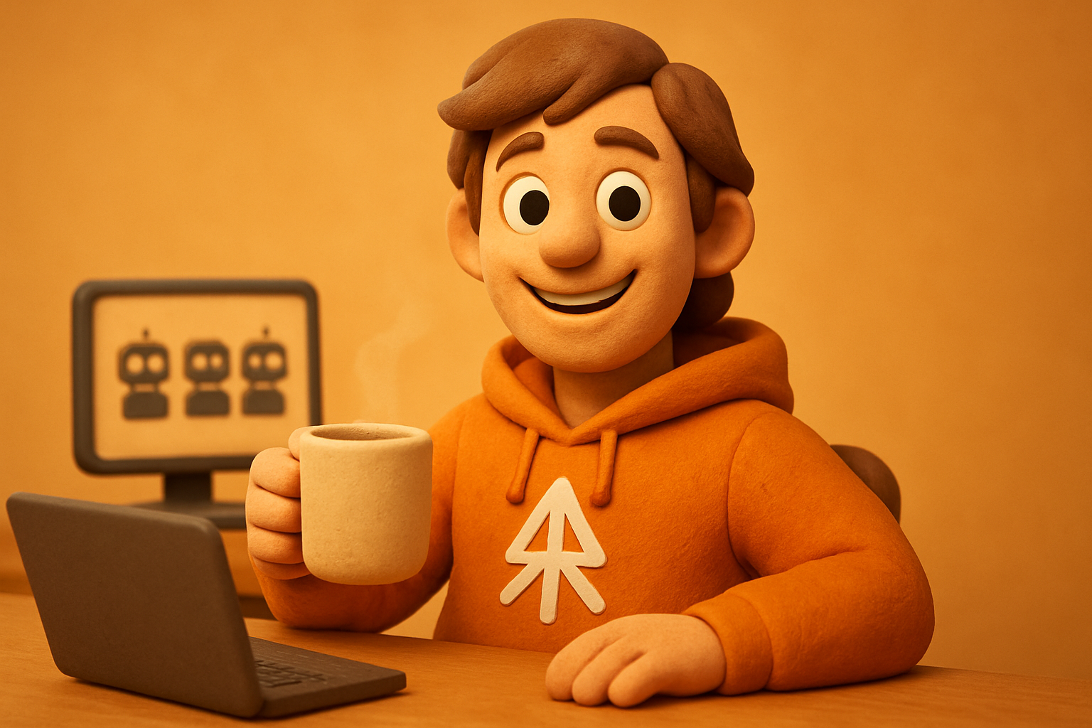 a clay character at a desk, laptop closed, leaning back with a coffee — Bots on a small sc