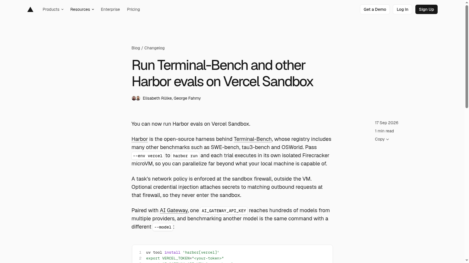 Official Vercel changelog: Run Terminal-Bench and other Harbor evals on Vercel Sandbox, captured 2026-09-18